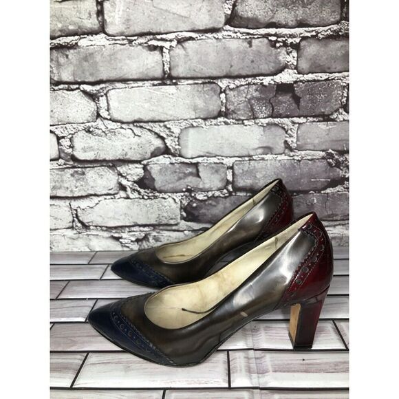 Mona Lisa Gray Blue Red Leather Pointed Toe Dress Heels Women’s Sz 37.5EU/7M US - Picture 12 of 16